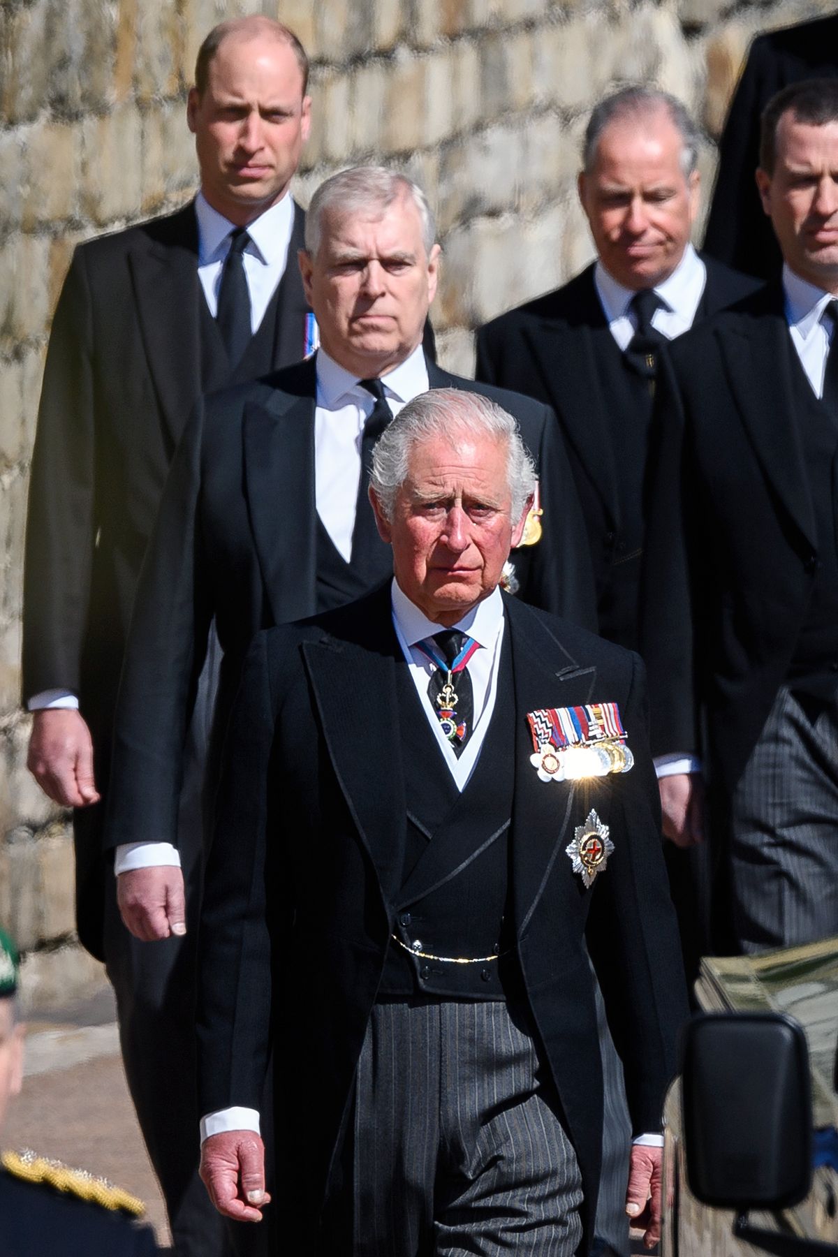 WINDSOR, ENGLAND - APRIL 17: Prince William, Duke of Cambridge, Prince Andrew, Duke of York , Prince Charles, Prince of Wales during the funeral of Prince Philip, Duke of Edinburgh at Windsor Castle on April 17, 2021 in Windsor, England. Prince Philip of Greece and Denmark was born 10 June 1921, in Greece. He served in the British Royal Navy and fought in WWII. He married the then Princess Elizabeth on 20 November 1947 and was created Duke of Edinburgh, Earl of Merioneth, and Baron Greenwich by King VI. He served as Prince Consort to Queen Elizabeth II until his death on April 9 2021, months short of his 100th birthday. His funeral takes place today at Windsor Castle with only 30 guests invited due to Coronavirus pandemic restrictions. (Photo by Leon Neal/WPA Pool/Getty Images  )