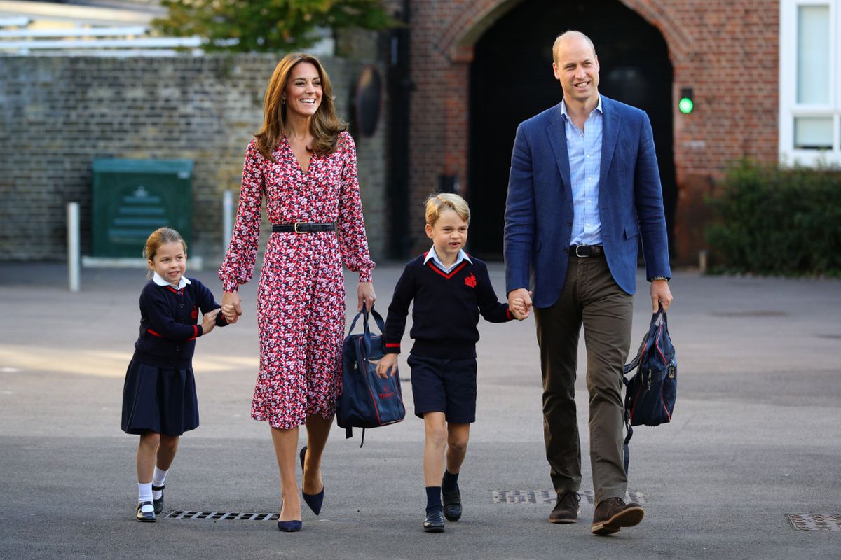 LONDON, UNITED KINGDOM - SEPTEMBER 5: Princess Charlotte, with by her father, the Duke of Cambridge, and mother, the Duchess of Cambridge and Prince George, arriving for her first day of school at Thomas's Battersea in London on September 5, 2019 in London, England. (Photo by Aaron Chown - WPA Pool/Getty Images)