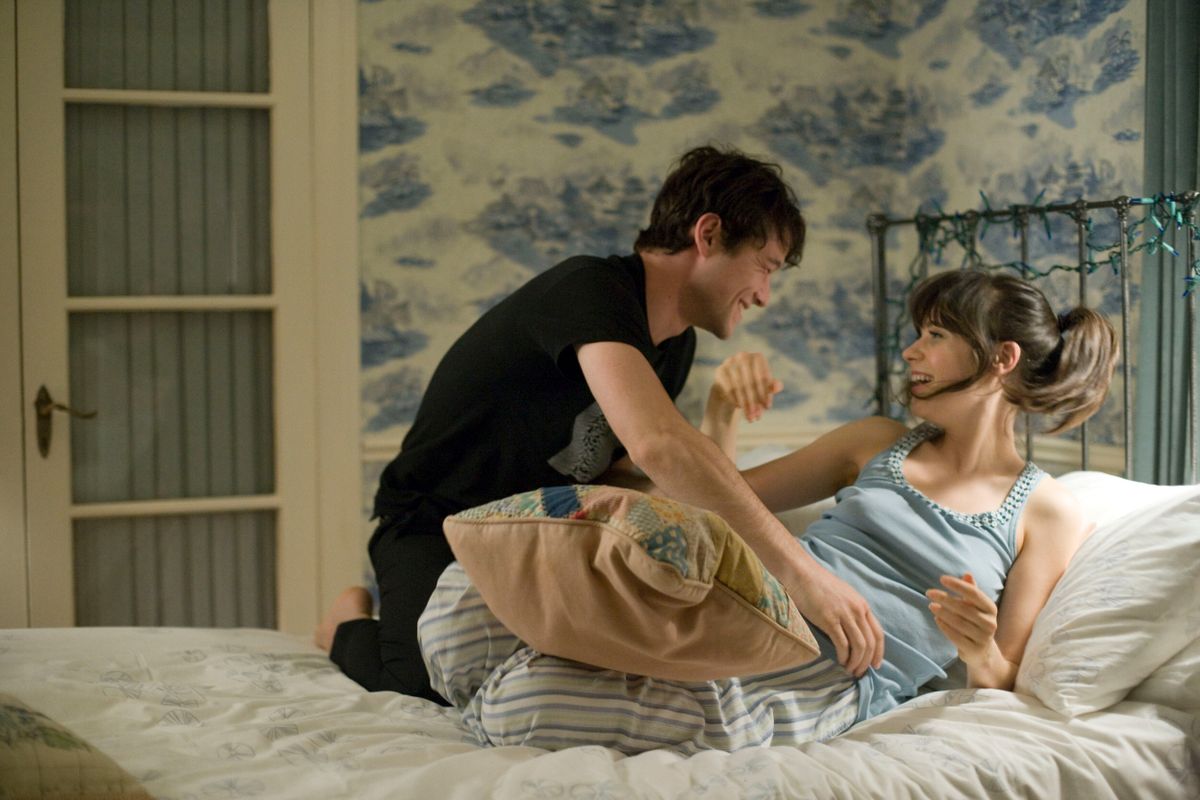 RELEASE DATE: January 17, 2009. MOVIE TITLE: 500 Days of Summer. STUDIO: Fox Searchlight Pictures. PLOT: He's Tom, from New Jersey, working in L.A. writing greeting cards even through he's an architect by training. She's Summer, in from Michigan. Day one is her first day as an AA in Tom's office. We jump back and forth in time: by day 67, they've become an item when she decides to put aside the lovemaking and just be friends. Tom, a romantic who's sure Summer is the one for him, wallows in self pity. We go back to the early days and see the relationship begin. Summer tells him right away that she doesn't believe in love. He mopes well past day 100. Then, as day 500 approaches, they find themselves at a wedding together. Does the old flame rekindle? Is Tom right that destiny controls love? PICTURED: ZOOEY DESCHANEL as Summer Finn and JOSEPH GORDON-LEVITT as Tom Hansen.