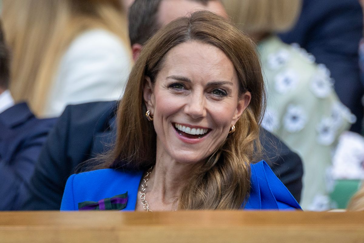 LONDON, ENGLAND - JULY 13:  Catherine, Princess of Wales in the Royal Box for the Gentlemen's Singles Final on Centre Court during the Wimbledon Lawn Tennis Championships at the All England Lawn Tennis and Croquet Club at Wimbledon on July 13th, 2025, in London, England. (Photo by Tim Clayton/Getty Images)