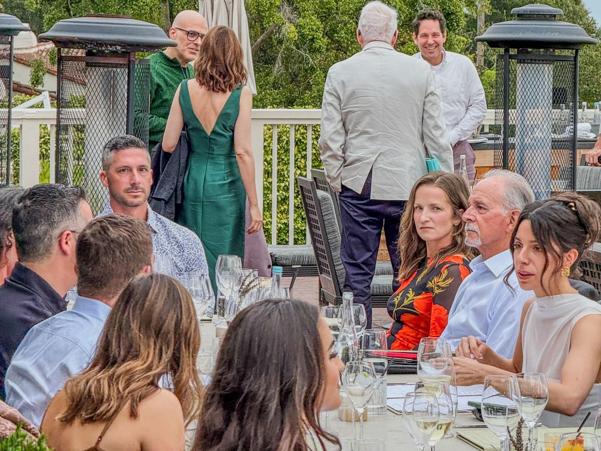 September 26, 2025, Santa Barbara, Ca, USA: Back: Paul Rude and Steve Martin (back shot) at the beautiful, elegant and expensive El Encanto Hotel, on the Rivera Hillside of Santa Barbara, CA moments after the Gomez wedding party guests finished have drinks on the veranda and walked to the shuttle bus to go to the rehearsal dinner at an undisclosed location. Most guests are staying at the enchanting El Encanto. (Credit Image: © Amy Katz/ZUMA Press Wire)