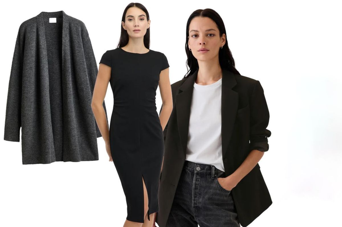 Fekete ruha: Orsay, 7552 Ft, Hosszú kardigán: H&M, 6995 Ft, Fekete blézer: GAP, 28867 Ft 
