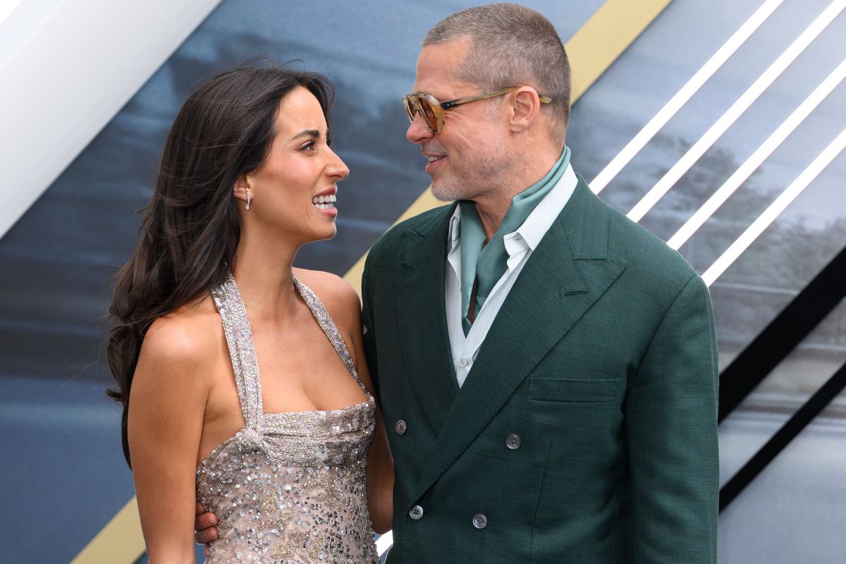 LONDON, ENGLAND - JUNE 23: Ines de Ramon and Brad Pitt attend the "F1: The Movie" European Premiere at Cineworld Leicester Square on June 23, 2025 in London, England. (Photo by Karwai Tang/WireImage)