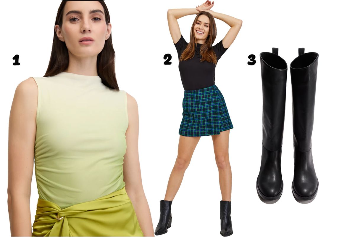  Garbó: Orsay, 3 770 Ft, Szoknya: ORSAY, 5 680 Ft, Térdcsizma: H&M 24 995 Ft 