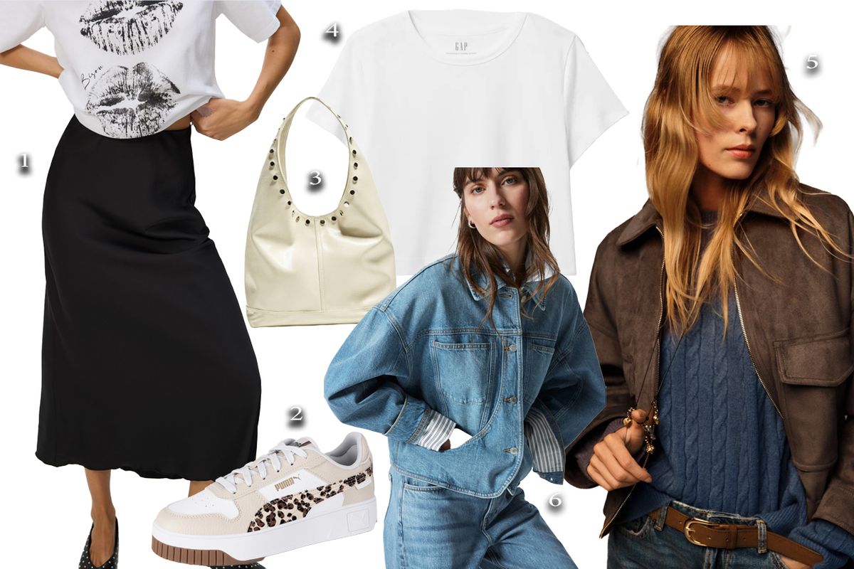 1) Szatén maxiszoknya: 9595 Ft, Reserved; 2) Puma sneaker: 26395 Ft, CCC; 3) Bershka oldaltáska:10995 Ft, Zalando; 4) Fehér crop top: 11990 Ft, Gap; 5) Hasított bőr kabát:16995 Ft, Zara; 6) Farmerdzseki:19795 Ft, H&M;