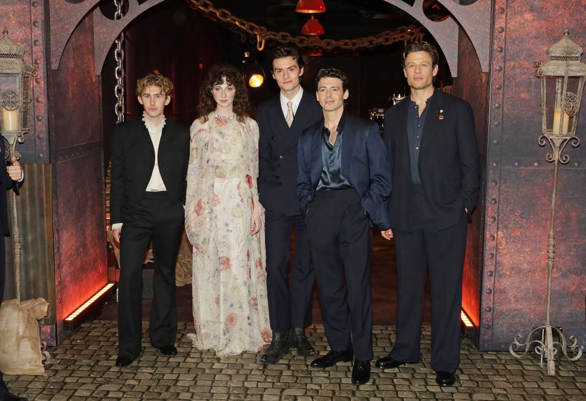 LONDON, ENGLAND - SEPTEMBER 23: (L to R) Fionn O'Shea, Emily Fairn, Louis Partridge, Anthony Boyle and James Norton attend the "House Of Guinness" London Premiere at Picturehouse Central on September 23, 2025 in London, England. (Photo by Dave Benett/WireImage)