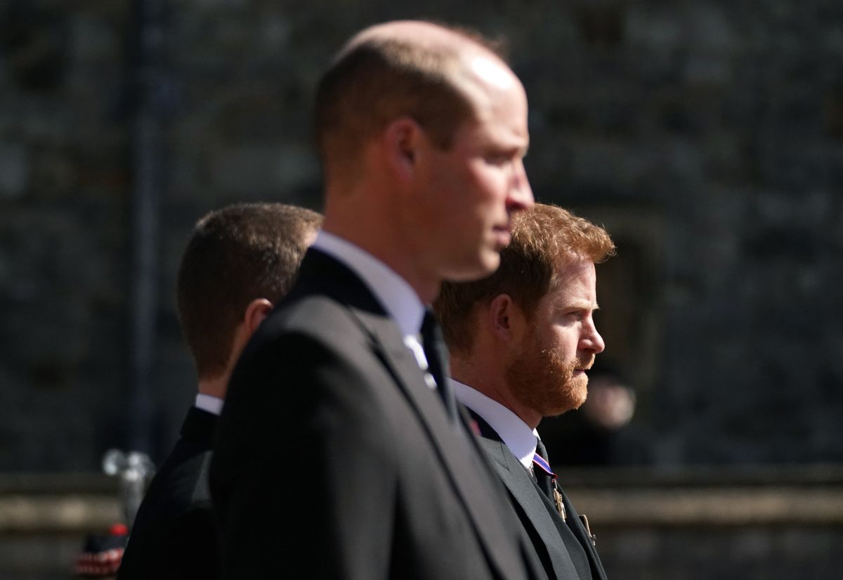 WINDSOR, ENGLAND - APRIL 17: Prince William, Duke of Cambridge and Prince Harry arrive for the funeral of Prince Philip, Duke of Edinburgh at St George's Chapel at Windsor Castle on April 17, 2021 in Windsor, England. Prince Philip of Greece and Denmark was born 10 June 1921, in Greece. He served in the British Royal Navy and fought in WWII. He married the then Princess Elizabeth on 20 November 1947 and was created Duke of Edinburgh, Earl of Merioneth, and Baron Greenwich by King VI. He served as Prince Consort to Queen Elizabeth II until his death on April 9 2021, months short of his 100th birthday. His funeral takes place today at Windsor Castle with only 30 guests invited due to Coronavirus pandemic restrictions. (Photo by Victoria Jones - WPA Pool/Getty Images)