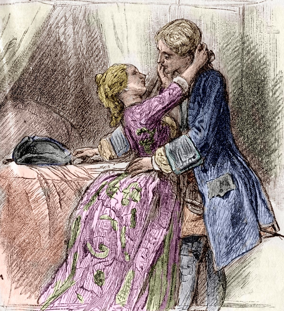 Portrait of Italian adventurer and author Giacomo Casanova (1725-1798) and Nina, one of his conquests - Engraving from Giacomo Casanova memories (Jacques Casanova de Seingalt) 19th century Private collection (Photo by Leemage/Corbis via Getty Images)