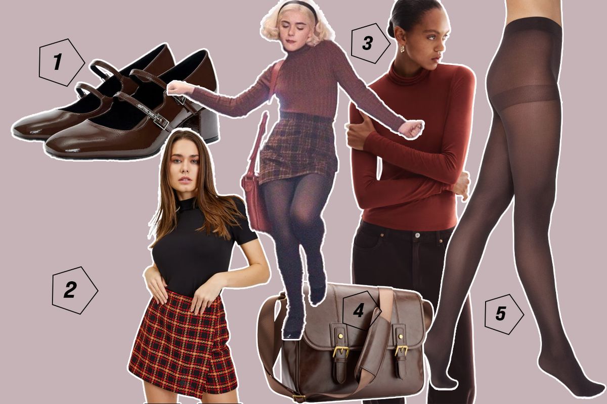 1. Pull&Bear Mary Jane cipő: Zalando, 12 995 Ft, 2. Kockás szoknya: Orsay, 3150 Ft, 3. Garbó: H&M, 3595 Ft, 4. Barna kapcsos oldaltáska: Deichmann, 9 590 Ft, 5. Harisnya: Tezenis, 2290 Ft