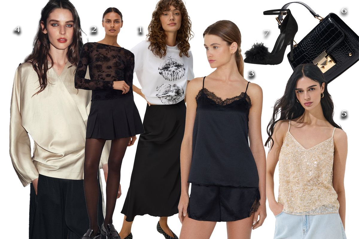 1) Szatén maxiszoknya: 9595 Ft, Reserved, 2) Fekete csipkés blúz: 6995 Ft, Reserved, 3) Fekete csipkés trikó: 5990 Ft, Tezenis, 4) Megkötős, arany blúz: 20995, Zara, 5) Flitteres, arany top: 16995 Ft, Mohito, 6) Kézitáska: 13595, Mohito, 7) Fekete magas sarkú: 14495 Ft, CCC