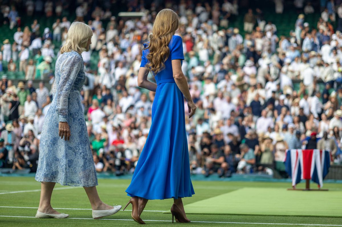LONDON, ENGLAND - JULY 13:  Catherine, Princess of Wales at the presentation ceremony of the Gentlemen's Singles Final on Centre Court during the Wimbledon Lawn Tennis Championships at the All England Lawn Tennis and Croquet Club at Wimbledon on July 13th, 2025, in London, England. (Photo by Tim Clayton/Getty Images)