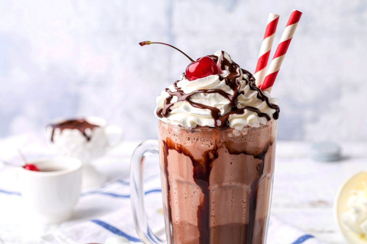 Chocolate milkshake with whipped cream and cherry on top