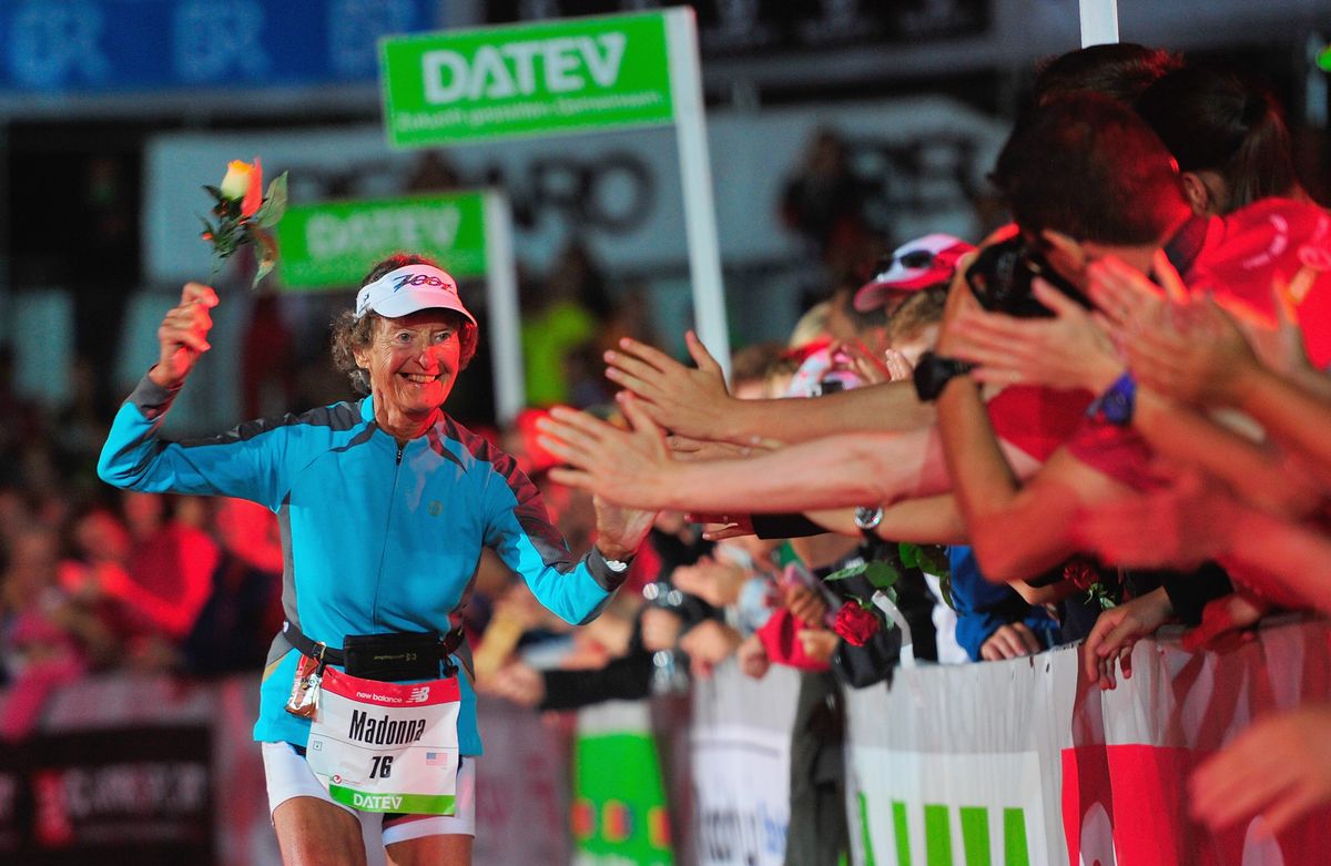 ROTH, GERMANY - JULY 20:  83 year old nun Sister Madonna Buder of the United States arrives at the finish line after Challenge Roth on July 20, 2014 in Roth, Germany.  (Photo by Lennart Preiss/Getty Images)
