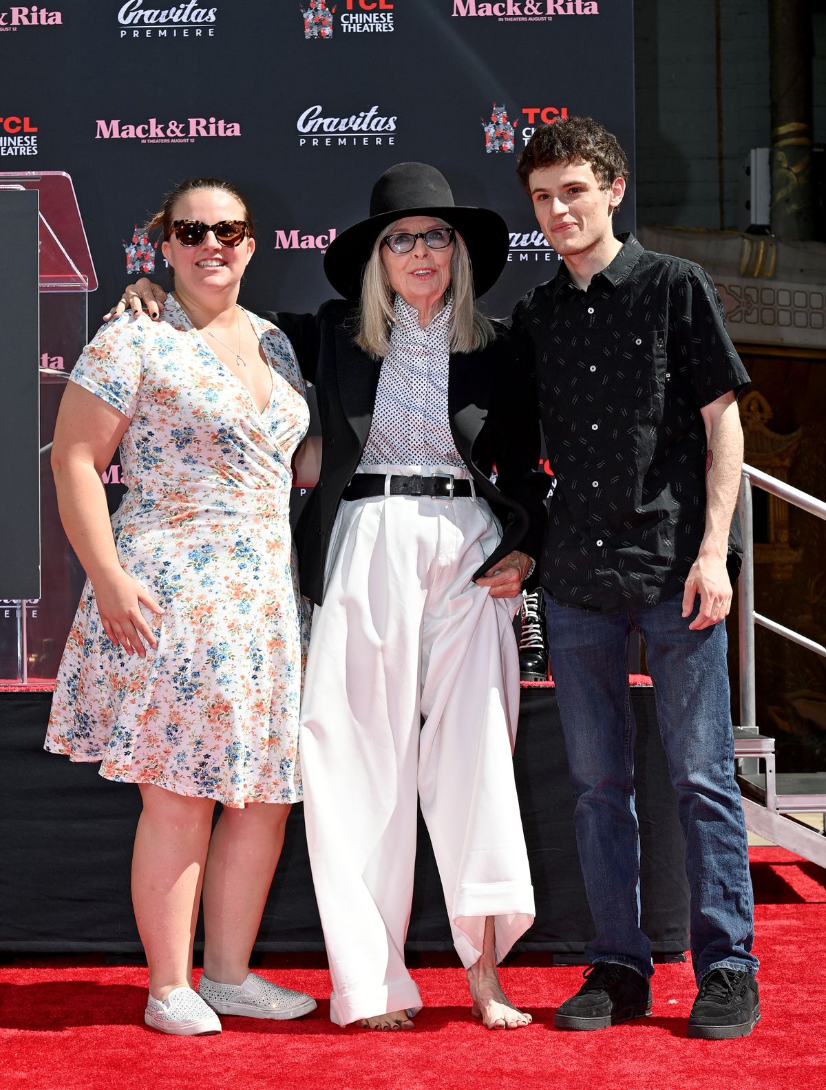 HOLLYWOOD, CALIFORNIA - AUGUST 11: (L-R) Dexter Keaton, Diane Keaton, and Duke Keaton attend the ceremony honoring Diane Keaton with a Hand and Footprint Ceremony at TCL Chinese Theatre on August 11, 2022 in Hollywood, California. (Photo by Axelle/Bauer-Griffin/FilmMagic)