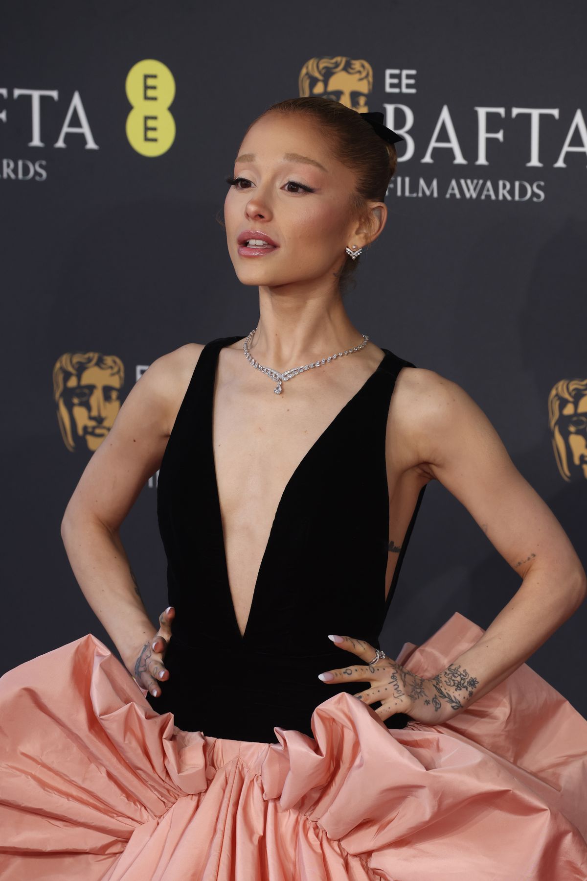 LONDON, ENGLAND - FEBRUARY 16: Ariana Grande attends the 2025 EE BAFTA Film Awards at The Royal Festival Hall on February 16, 2025 in London, England. (Photo by Neil Mockford/FilmMagic)