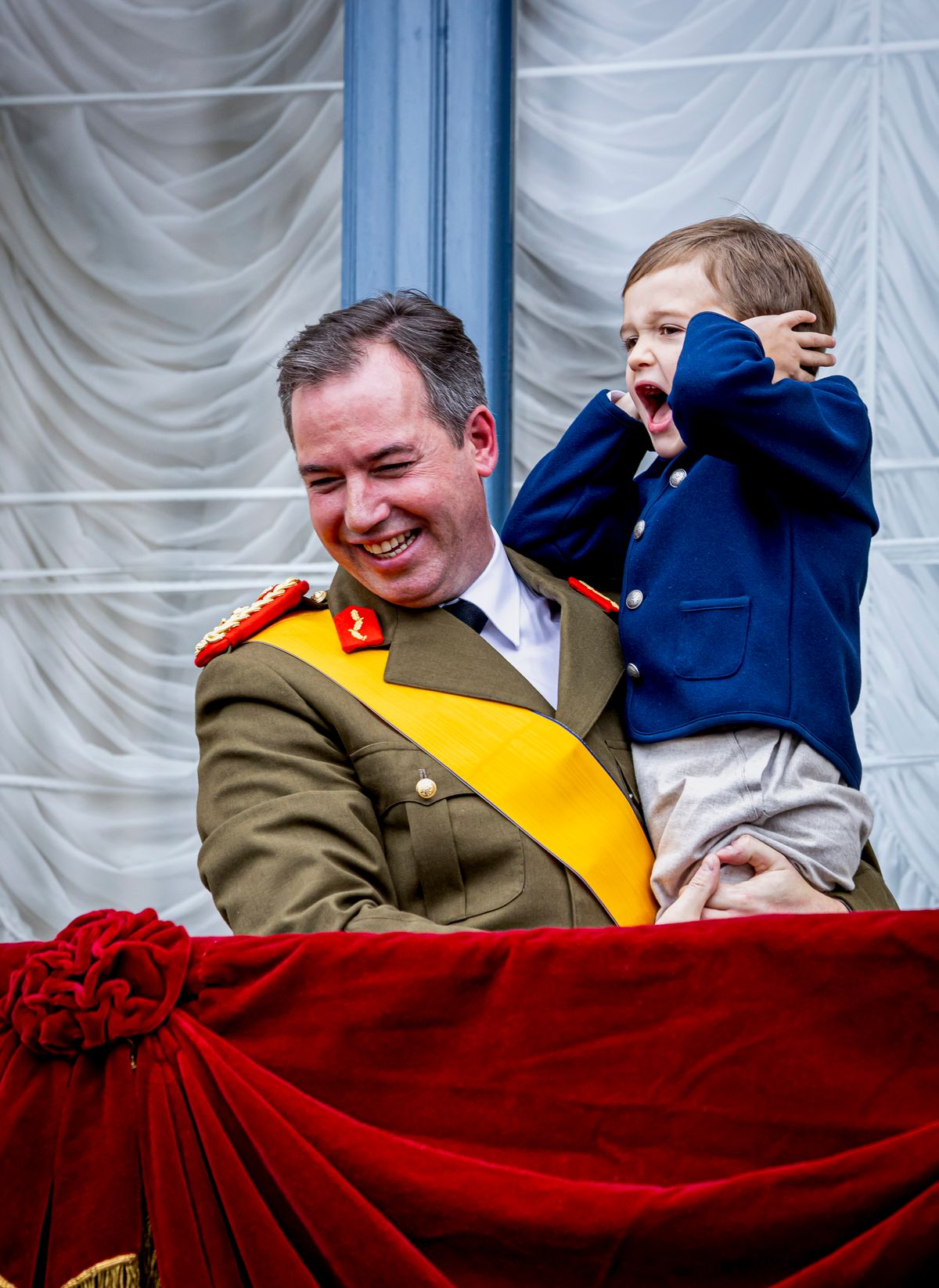 LUXEMBOURG, LUXEMBOURG - OCTOBER 3: Grand Duke Guillaume of Luxembourg and Prince Charles of Luxembourg after the swearing in ceremony at the balcony of the Grand Ducal Palace on October 3, 2025 in Luxembourg, Luxembourg. (Photo by Patrick van Katwijk/WireImage)