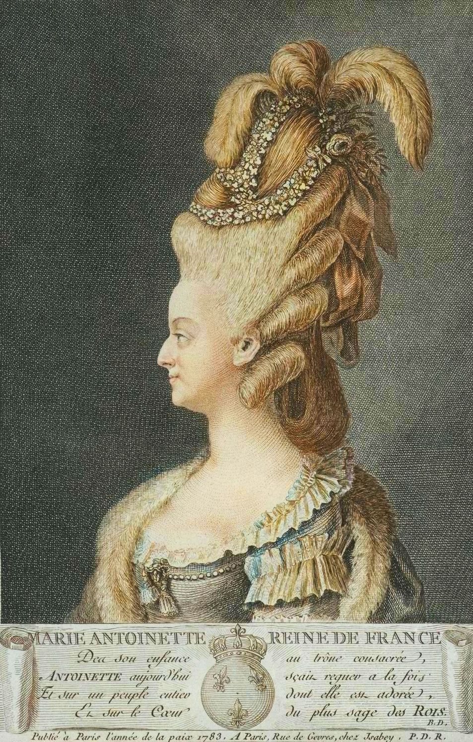 Marie Antoinette 1783-ban ékes parókával a fején.