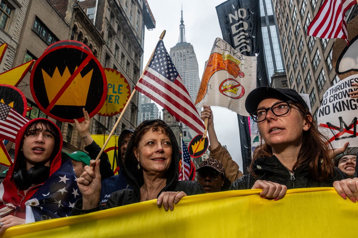 NEW YORK, NEW YORK - JUNE 14: Susan Sarandon, along with thousands of New Yorkers, marches in opposition of Donald Trump's presidency on the day of the military parade celebrating the 250th anniversary of the U.S. Army on June 14, 2025 in New York, New York. Hundreds of marches and protests against the Trump administration are happening across the United States today. Today's parade coincides with President Trump's birthday. (Photo by Alex Kent/Getty Images)