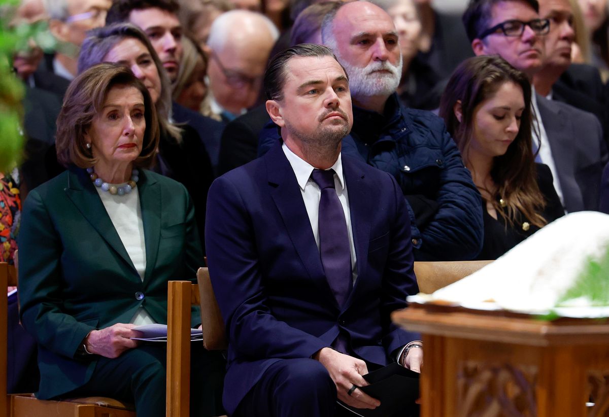 WASHINGTON, DC - NOVEMBER 12: Mourners including (L-R) U.S. Rep. Nancy Pelosi (D-CA), Actor and environmentalist Leonardo DiCaprio and Chef José Andrés attend the funeral service for conservationist Dr. Jane Goodall at the Washington National Cathedral on November 12, 2025 in Washington, DC. Goodall, who passed away on October 1, 2025 at the age of 91, spent more than six decades of her career dedicated to the study of wild chimpanzees.  (Photo by Anna Moneymaker/Getty Images)