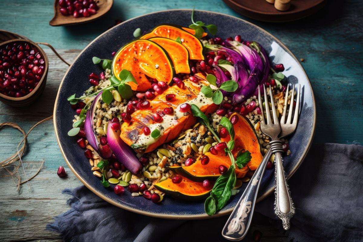 Saláta különlegesség: datolyaszilva, radicchio és gránátalma roppanós vitaminbomba tál. a healthy and delicious meal, styled with a mix of vibrant colors and textures, created with generative ai