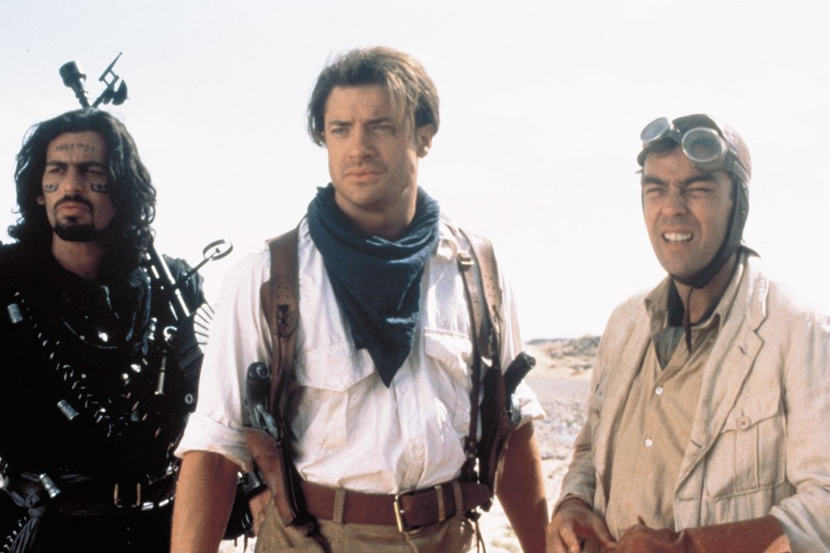 1999; The 1999 Mummy. Original Film Title: The 1999 Mummy, PICTURED: BRENDAN FRASER, JOHN HANNAH, Composer: Jerry Goldsmith, Director: Stephen Sommers, IN CAST: Brendan Fraser, Rachel Weisz, John Hannah, Billy Zane, Arnold Vosloo, Kevin O'Connor, Jonathan Hyde, Oded Fehr, Erik Avari