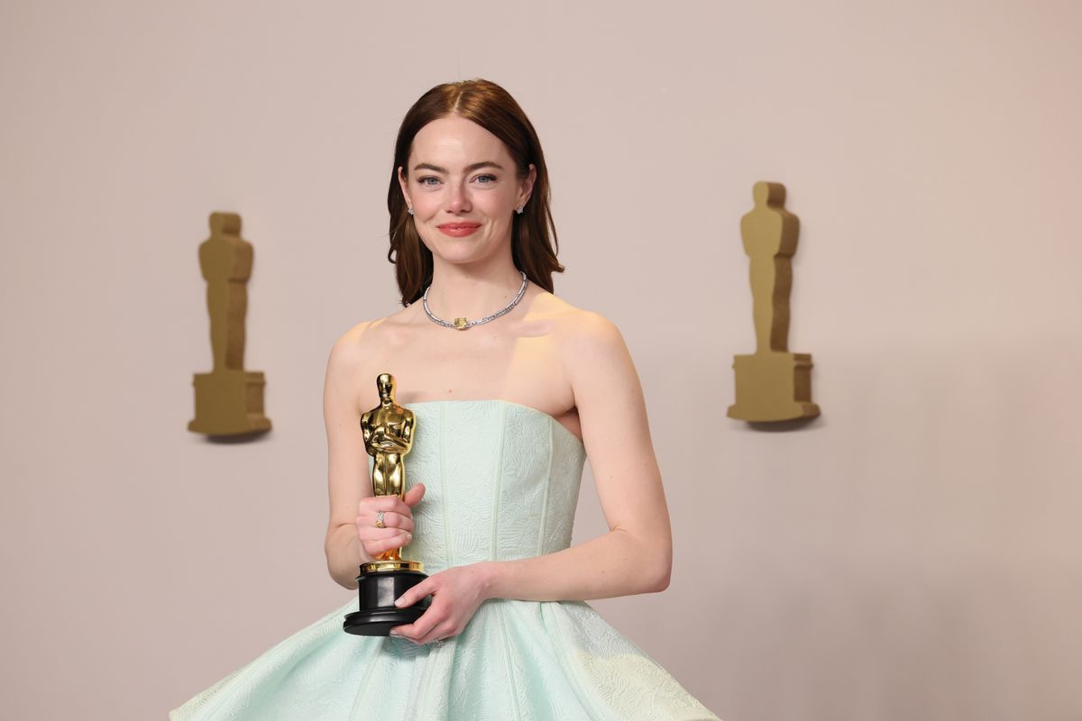 HOLLYWOOD, CALIFORNIA - MARCH 10: Emma Stone, winner of the Best Actress in a Leading Role award for 'Poor Things,' poses in the press room during the 96th Annual Academy Awards at Ovation Hollywood on March 10, 2024 in Hollywood, California. (Photo by Rodin Eckenroth/Getty Images)