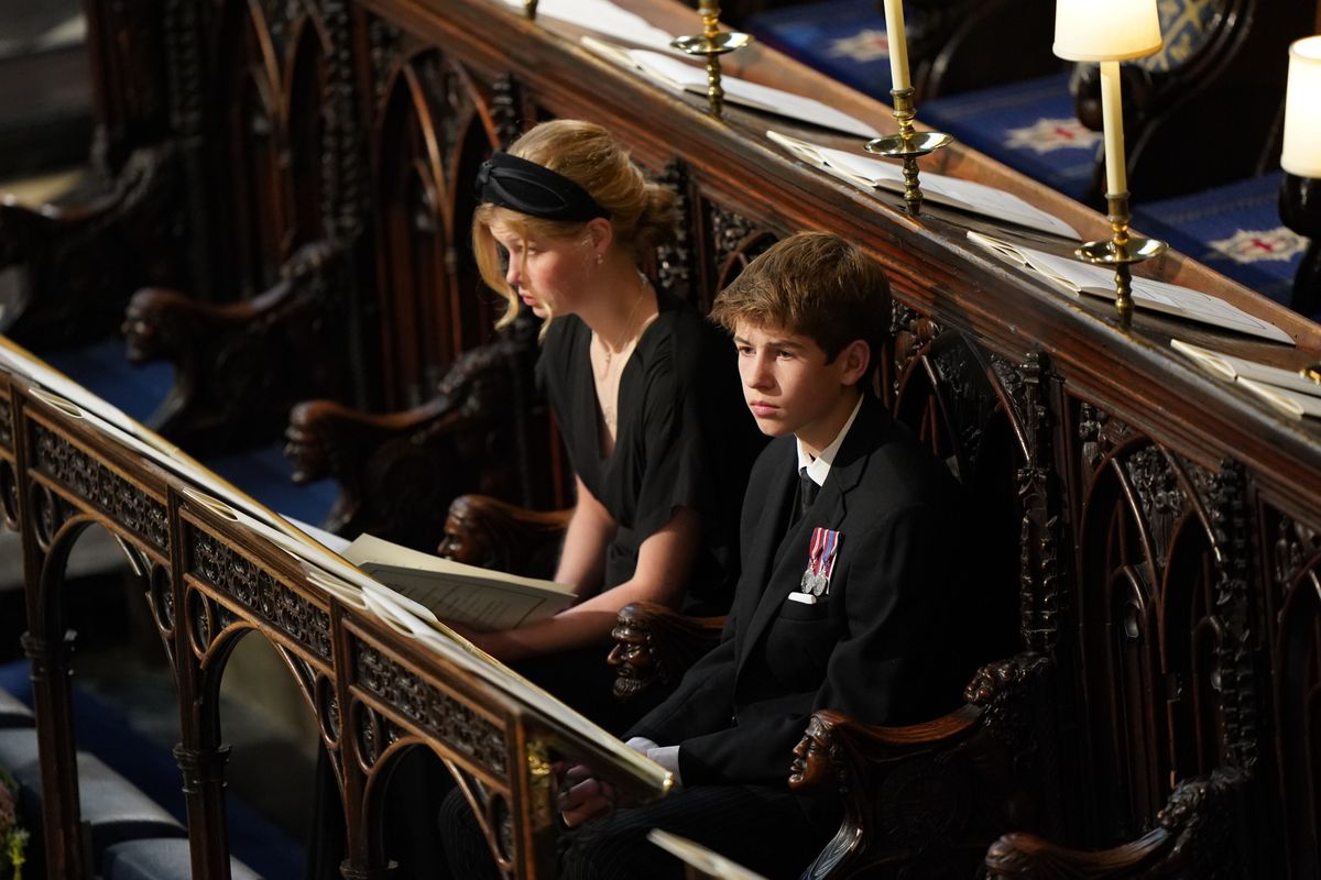 WINDSOR, ENGLAND - SEPTEMBER 19: (L-R) Lady Louise Windsor and James, Viscount Severn attend the Committal Service for Queen Elizabeth II held at St George's Chapel on September 19, 2022 in Windsor, England. The committal service at St George's Chapel, Windsor Castle, took place following the state funeral at Westminster Abbey. A private burial in The King George VI Memorial Chapel followed. Queen Elizabeth II died at Balmoral Castle in Scotland on September 8, 2022, and is succeeded by her eldest son, King Charles III. (Photo by Joe Giddens-WPA Pool/Getty Images)