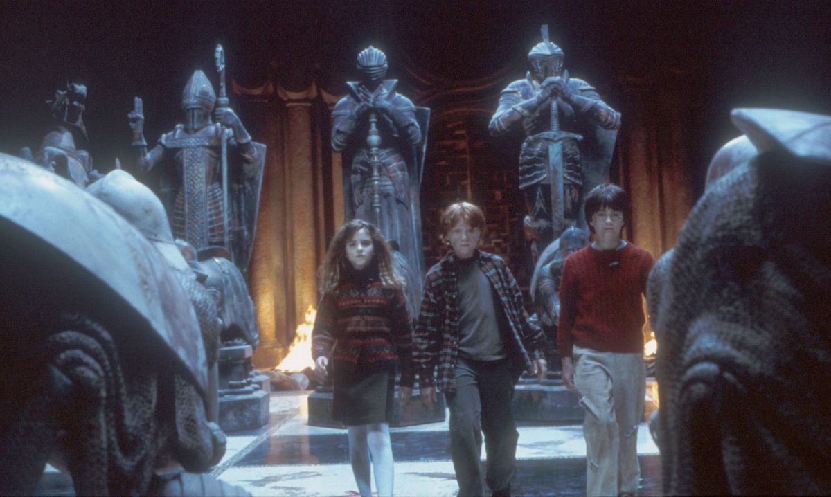 Harry Potter-filmek sorban, a képen a három főszereplő látható, gyerekkorukban