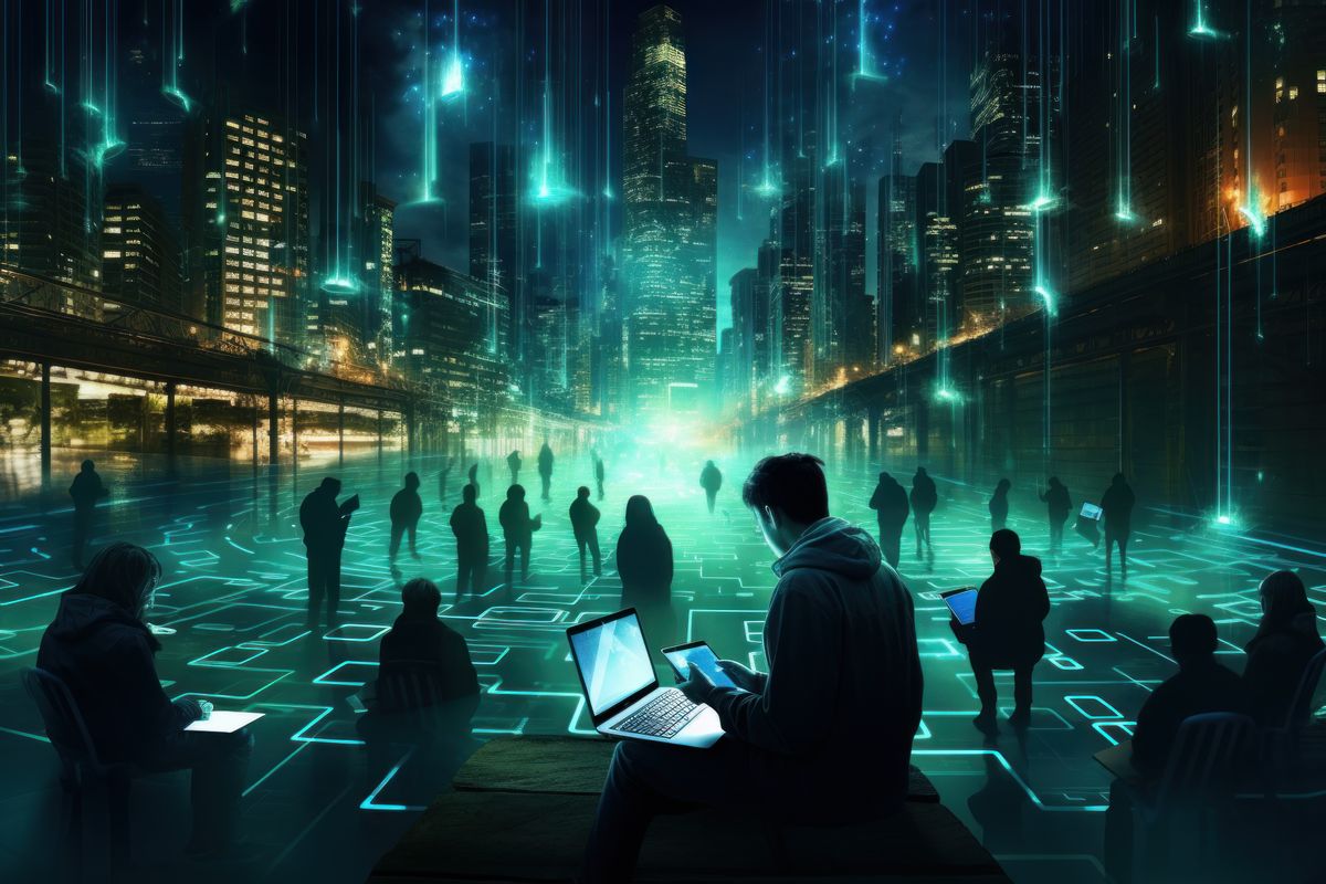 mberek képernyőket néznek egy futurisztikus város kellős közepén.