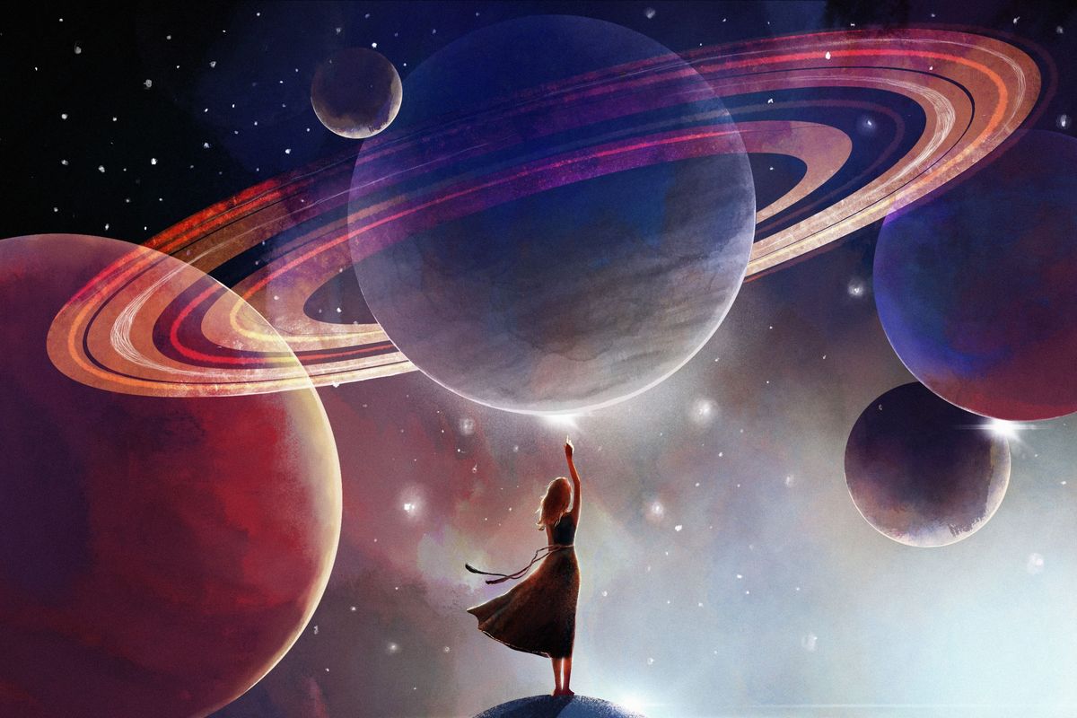 Az új élményekre éhes, kalandvágyó csillagjegyek sok jót adnak mindenkinek. Space background for astrology, a woman touches the planet. Futuristic mystical background, subconscious depth concept, modern illustration. Girl and space