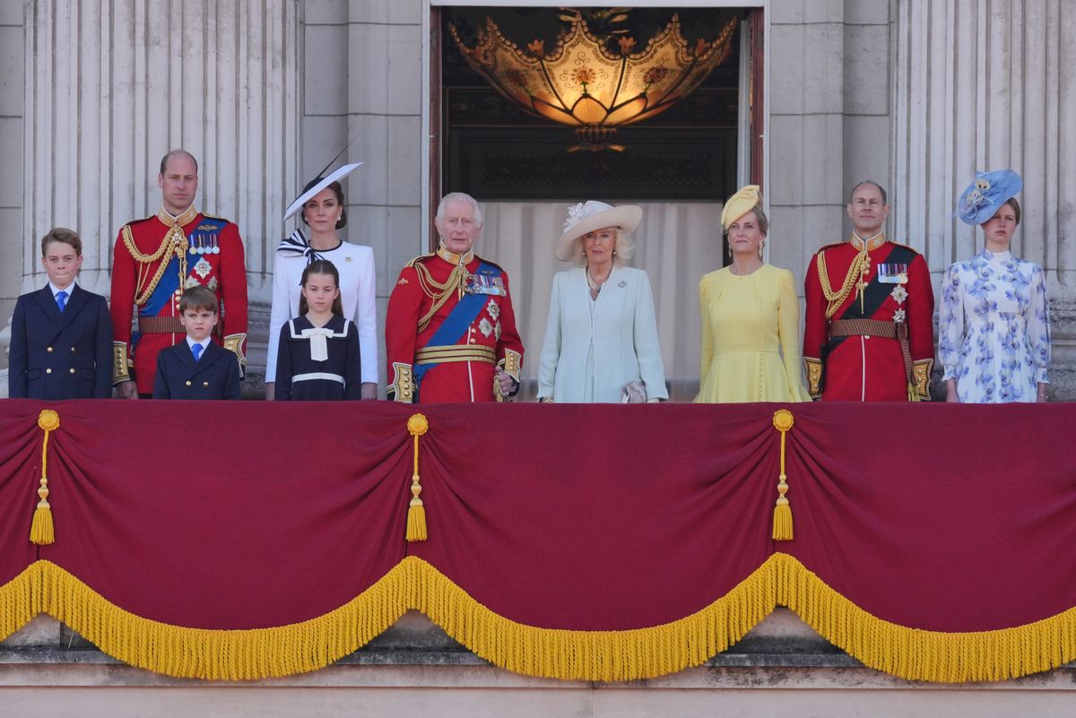 Prince George, the Prince of Wales, Prince Louis, the Princess of Wales, Princess Charlotte, King Charles III, Queen Camilla, the Duchess of Edinburgh, the Duke of Edinburgh and Lady Louise Windsor on the balcony of Buckingham Palace, London, to view the flypast following the Trooping the Colour ceremony in central London, as King Charles celebrates his official birthday. Picture date: Saturday June 15, 2024. (Photo by Jonathan Brady/PA Images via Getty Images)