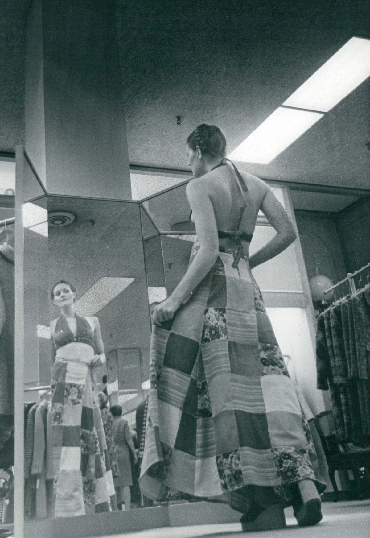 JAN 31 1974, FEB 11 1974, FEB 17 1974 Patchwork skirt is handiwork of Marsha Dodson, Evergreen. (Used denim halter form stock is $14.) Credit: Denver Post (Denver Post via Getty Images)