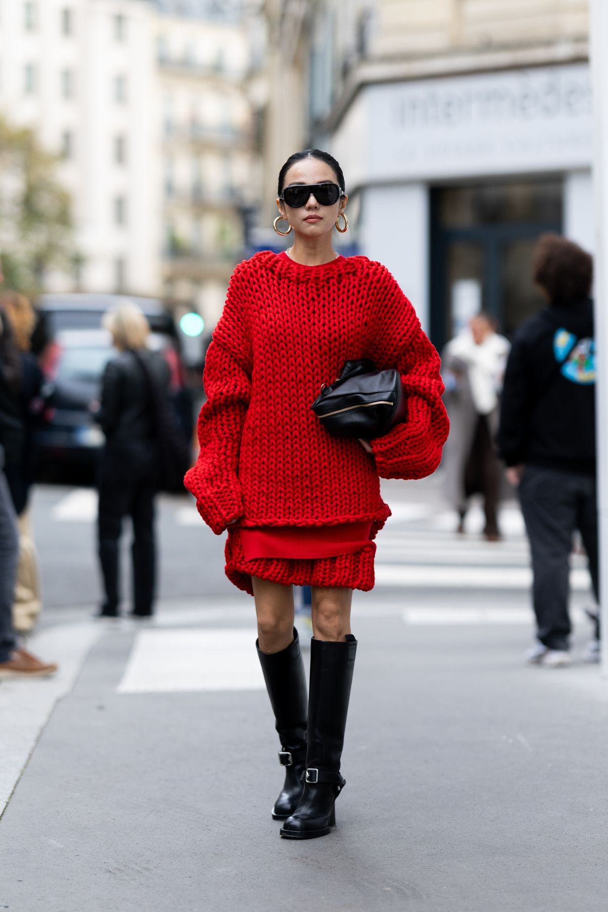 piros, kötött ruha