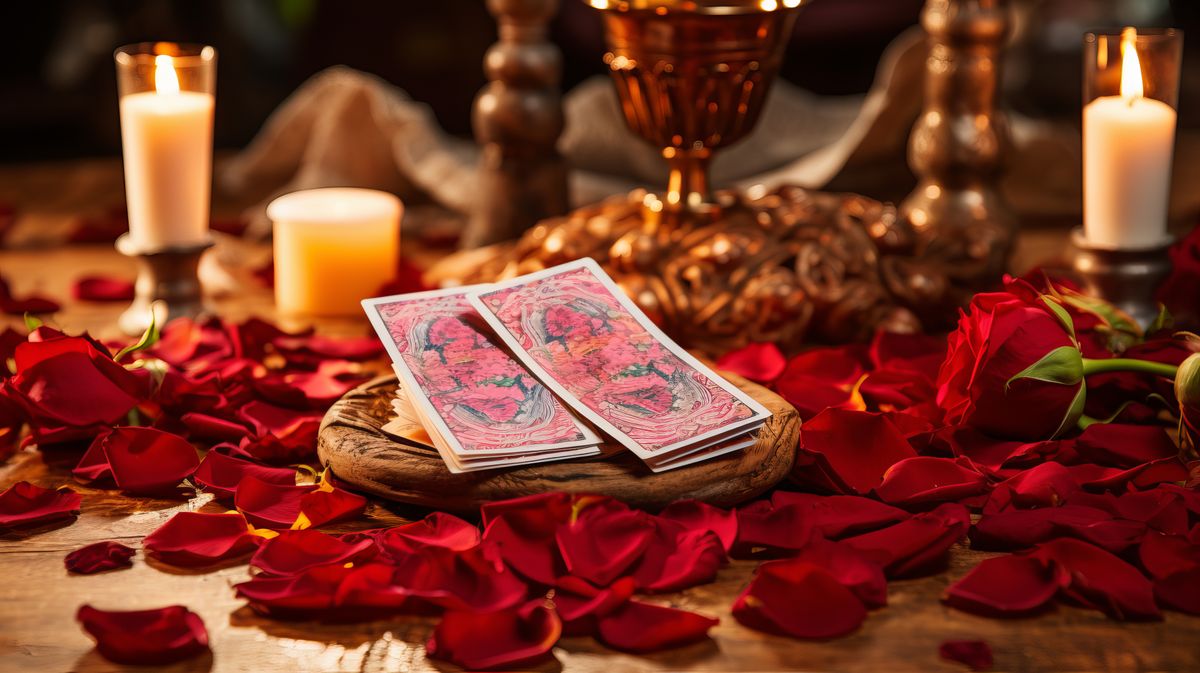 Love magic and fortune telling cards with candle, rose petals, and tarot cards on wooden background. High quality photo