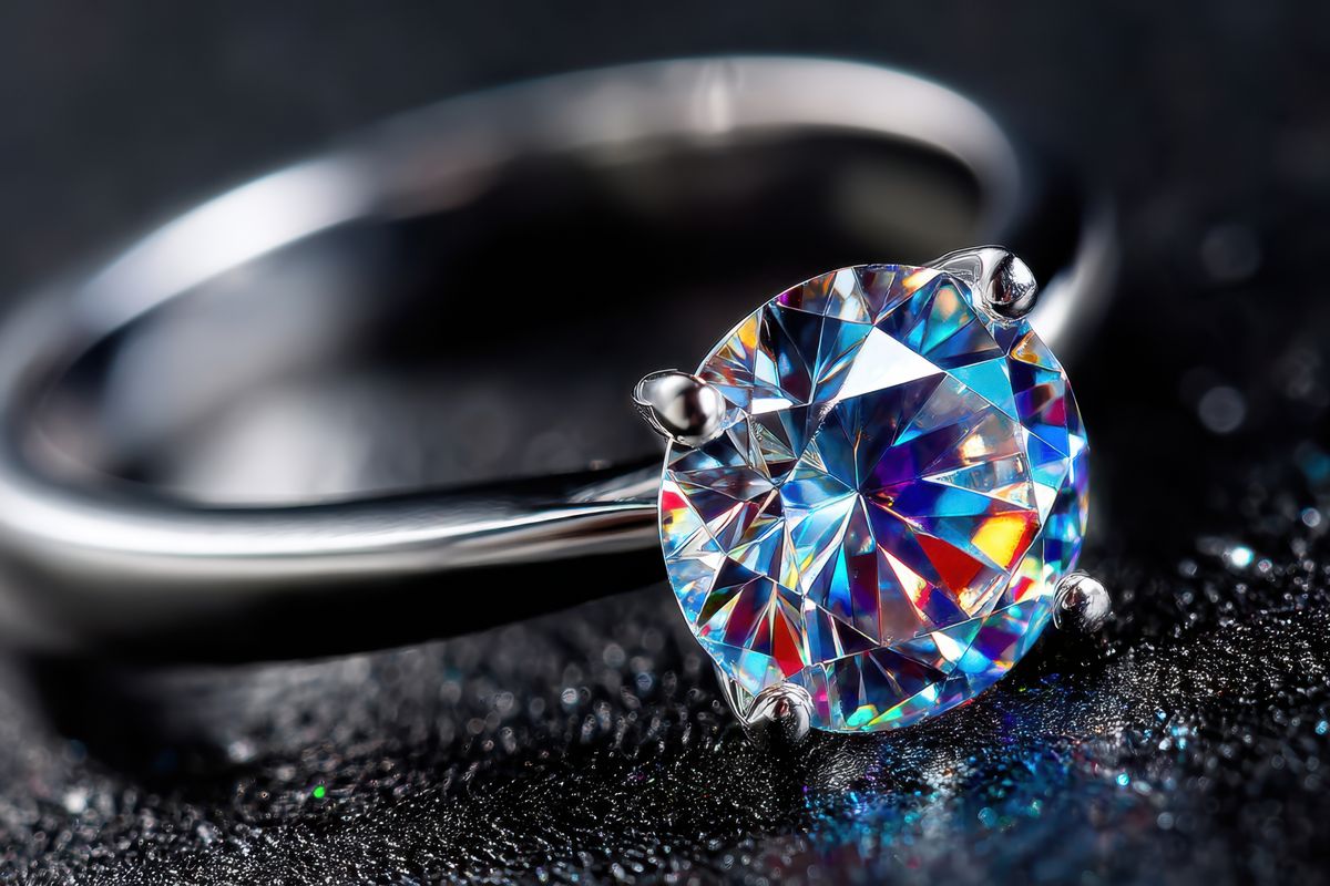 Brilliant diamond ring features vibrant reflections as it rests on a dark surface, showcasing its beauty.