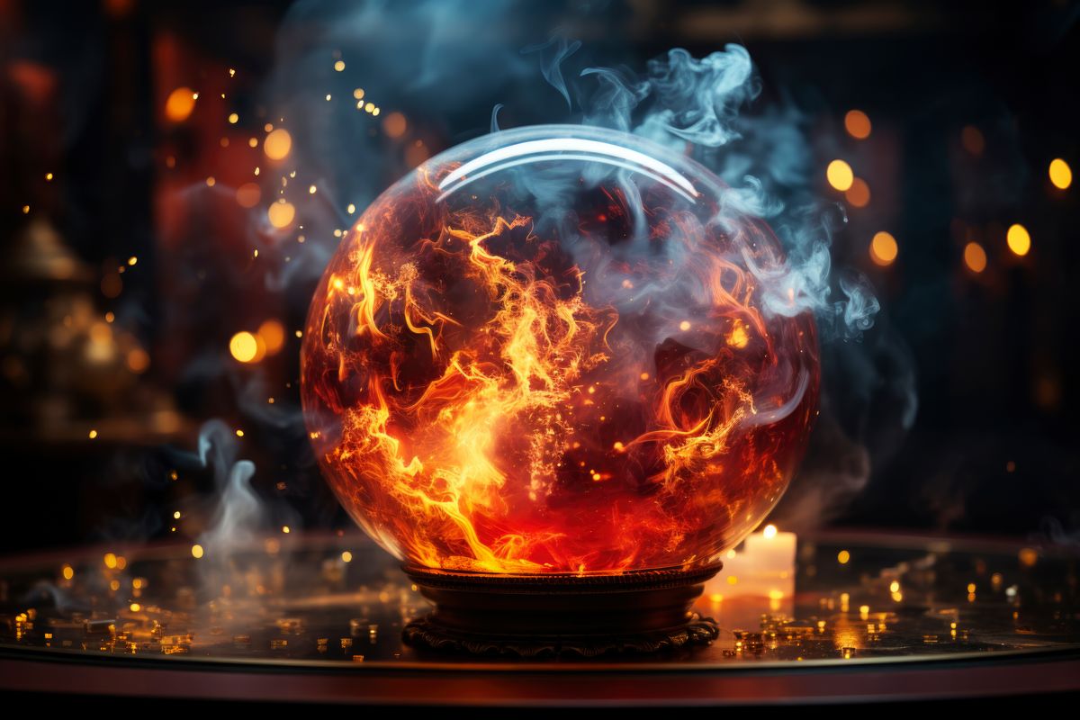 Magic crystal ball for fortune telling with flame and smoke on a dark background, AI Generated illustration