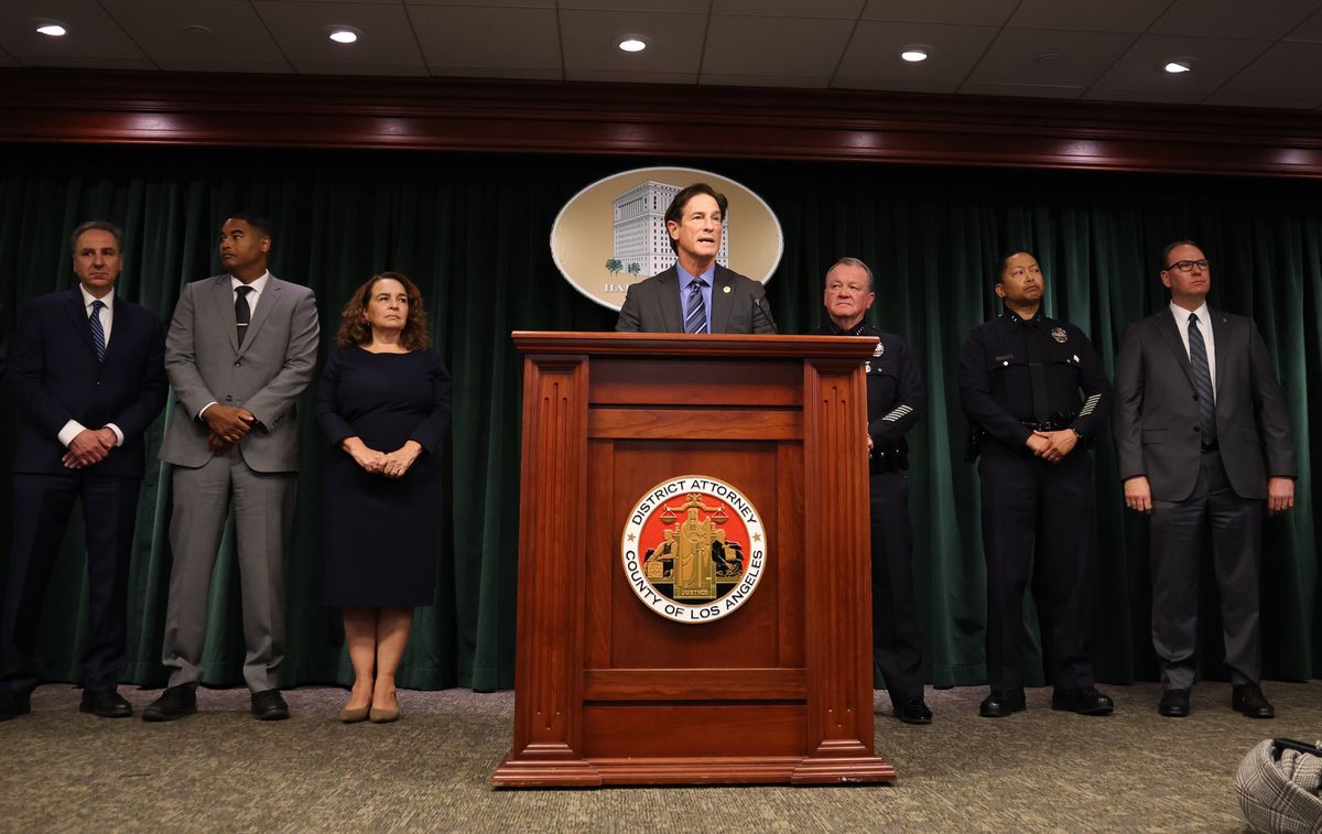 LOS ANGELES, CALIF. DECEMBER 16, 2025  Los Angeles County District Attorney Nathan J. Hochman announced charges against Nick Reiner in the case involving the murders of his parents, Rob Reiner and Michele Singer Reiner on Tuesday, December 16, 2025. (Photo by Robert Gauthier/Los Angeles Times via Getty Images)