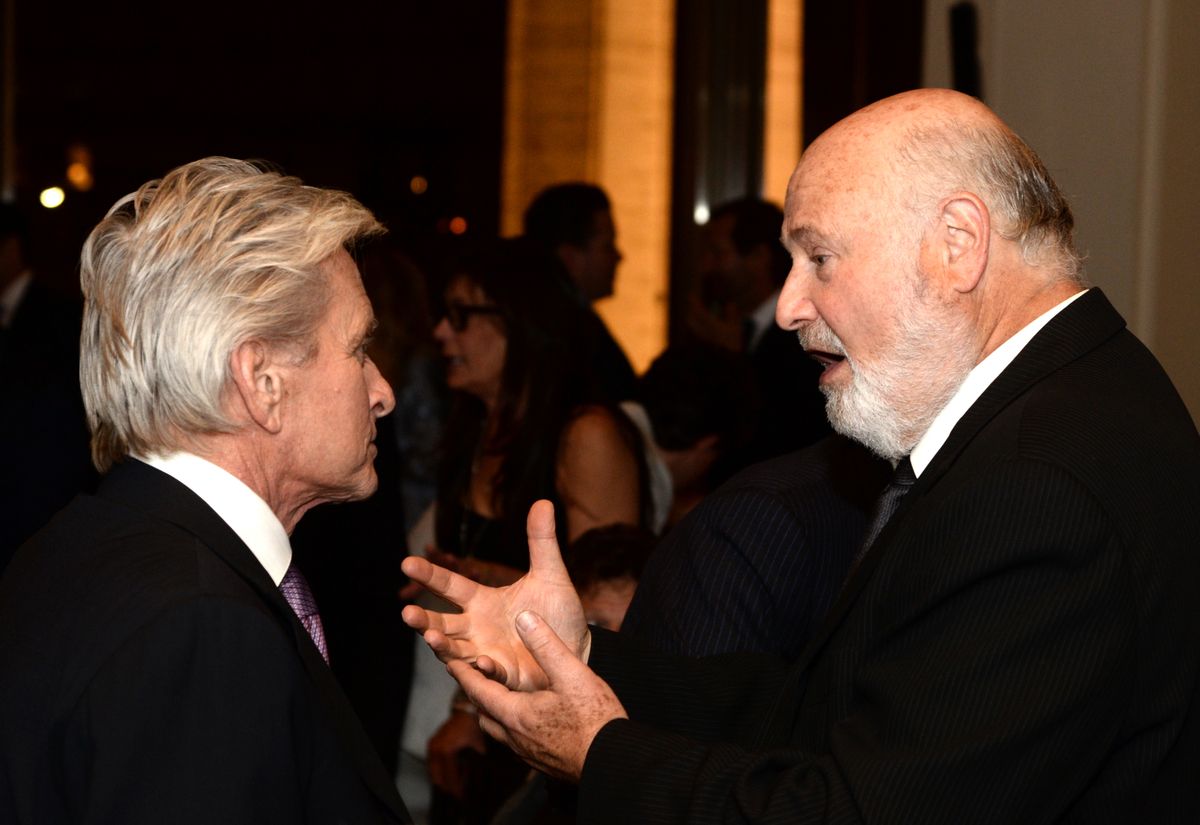 NEW YORK, NY - APRIL 28:  (EXCLUSIVE COVERAGE) Actor Michael Douglas (L) and honoree Rob Reiner attend the 41st Annual Chaplin Award Gala dinner at Avery Fisher Hall at Lincoln Center for the Performing Arts on April 28, 2014 in New York City.  (Photo by Dimitrios Kambouris/Getty Images)