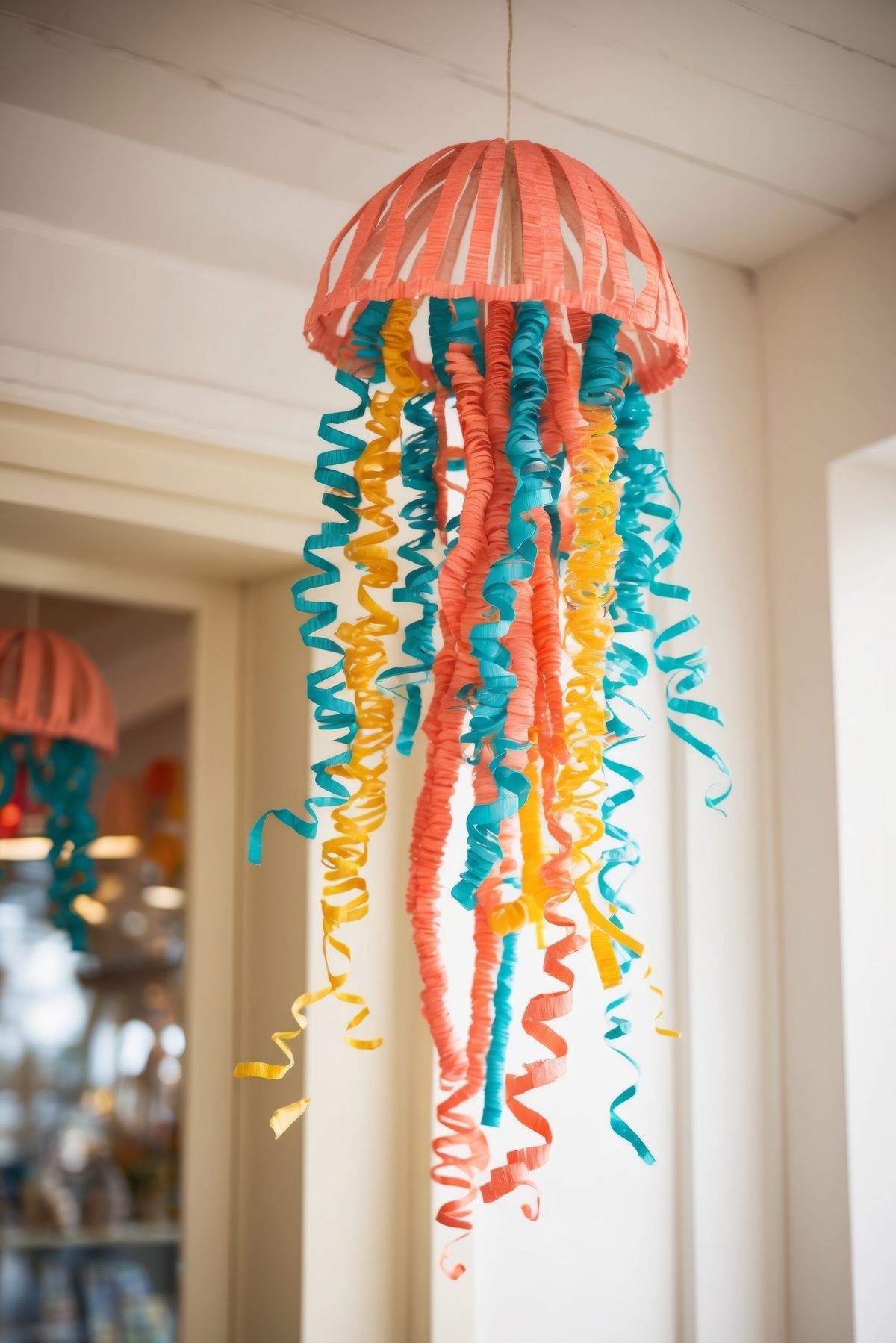 AI Generated. Colorful hand made jellyfish decoration is hanging from the ceiling of a souvenir shop