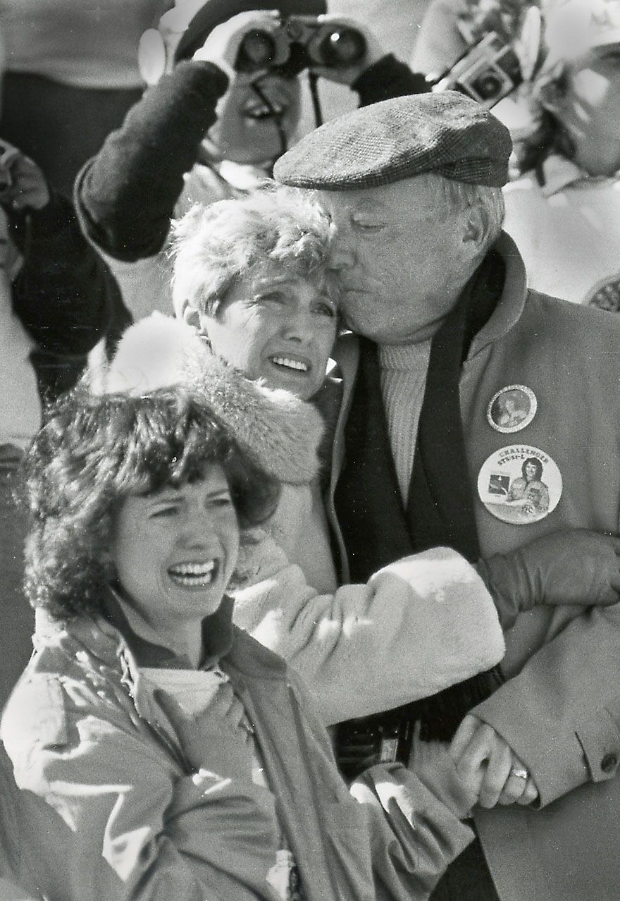 1/28/86- Cape Canaveral, Florida-- 9 seconds after lift off of the Space Shuttle Challenger, Christa McAuliffe's parents, Grace and Ed Corrigan and her sister, react. (Note: the explosion occurred some 73 seconds AFTER lift-off. Staff Photo by Arthur Pollock- saved in adv Sun (Photo by MediaNews Group/Boston Herald via Getty Images)