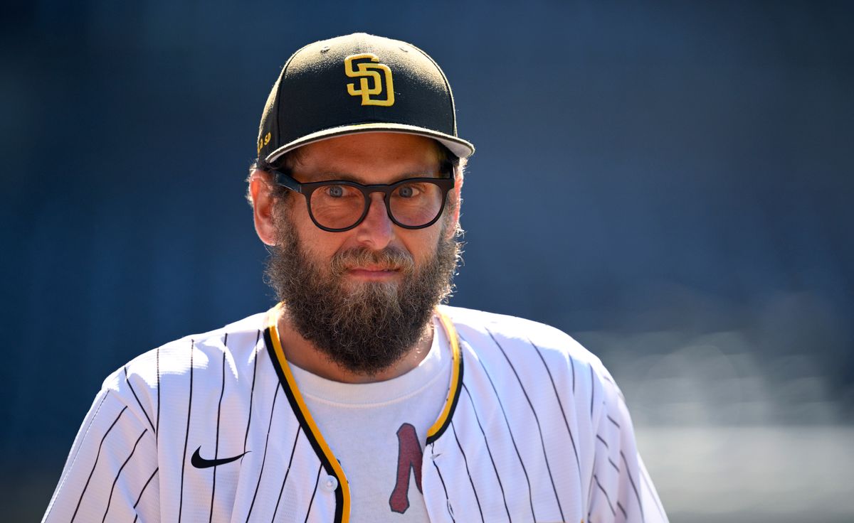 SAN DIEGO, CALIFORNIA - JULY 30: Actor Jonah Hill looks on after the game between the San Diego Padres and the New York Mets at Petco Park on July 30, 2025 in San Diego, California. (Photo by Orlando Ramirez/Getty Images)