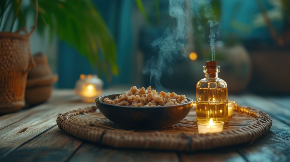 A serene arrangement featuring a bowl of dry nuts and an aromatic oil bottle on a wooden table, illuminated by soft candlelight, perfect for a calming atmosphere.