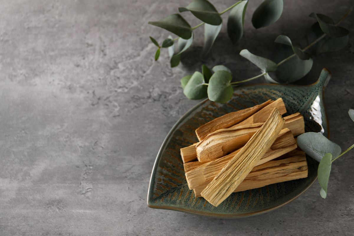 Palo santo sticks and eucalyptus leaves on grey table, closeup. Space for text