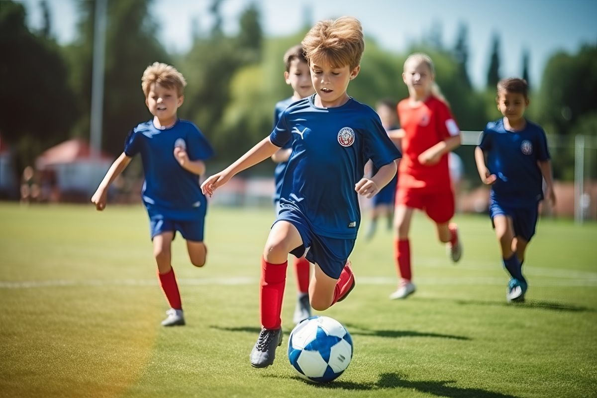 Sportszülő: gyerekek fociznak vidáman egy focipályán.