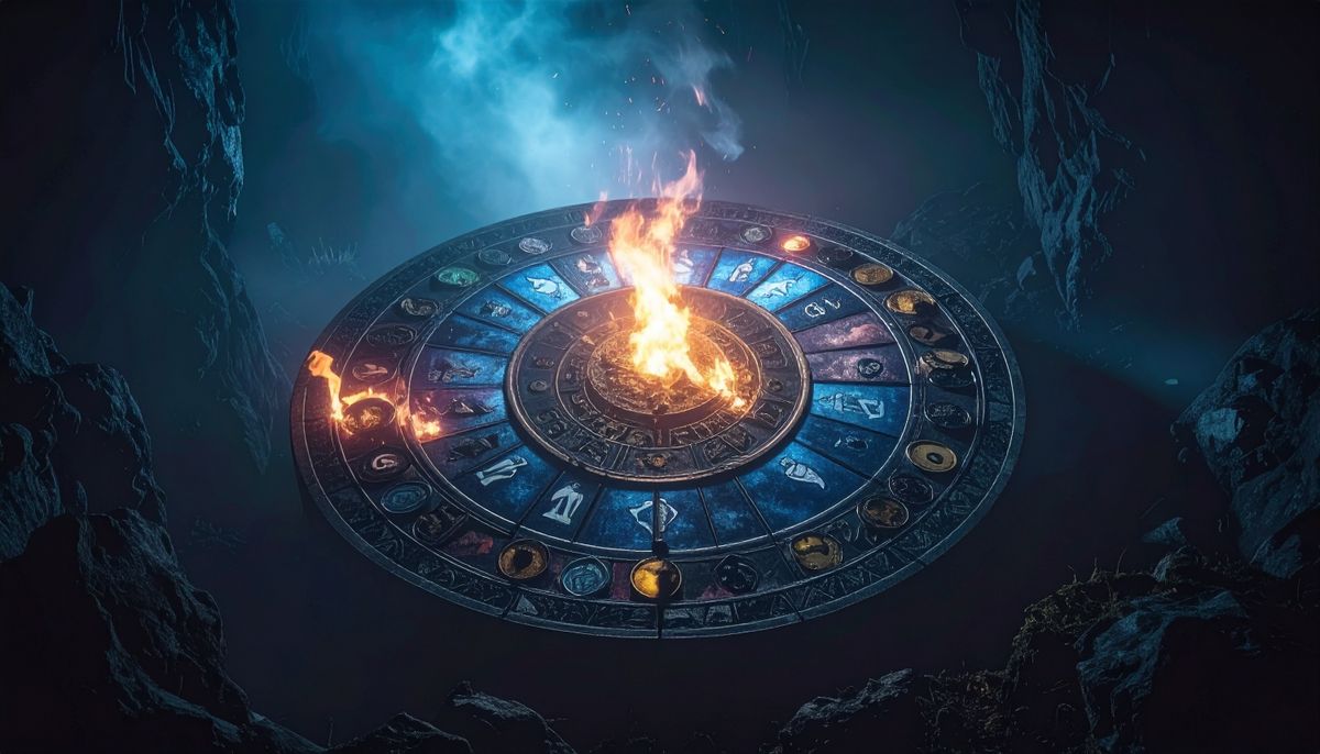 Szerencsehoroszkóp a csillagjegyek szerint: a csillagjegyek jelei egy kőasztalon.