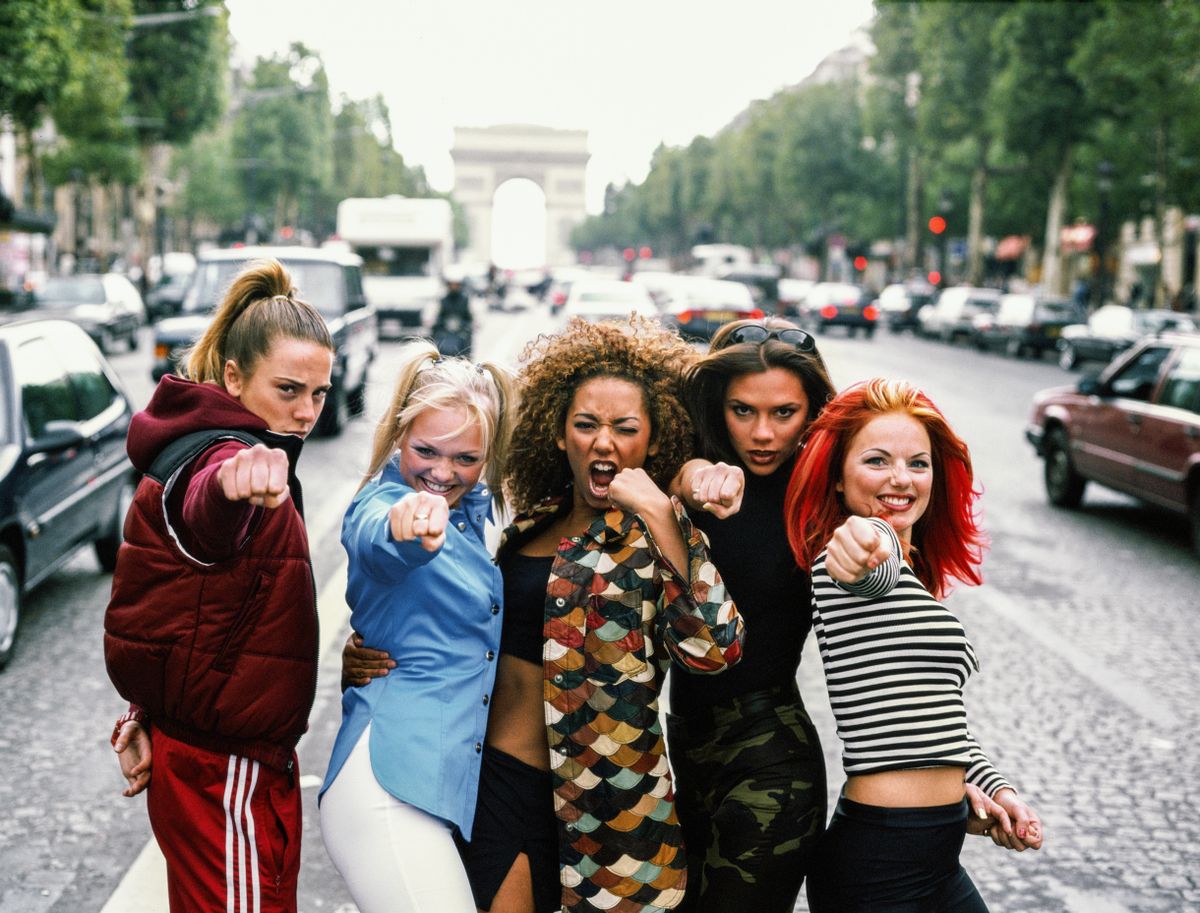 English pop group The Spice Girls, Paris, September 1996. Left to right: Melanie Chisholm, Emma Bunton, Melanie Brown, Victoria Beckham and Geri Halliwell aka Sporty, Baby, Scary, Posh and Ginger Spice. (Photo by Tim Roney/Getty Images)