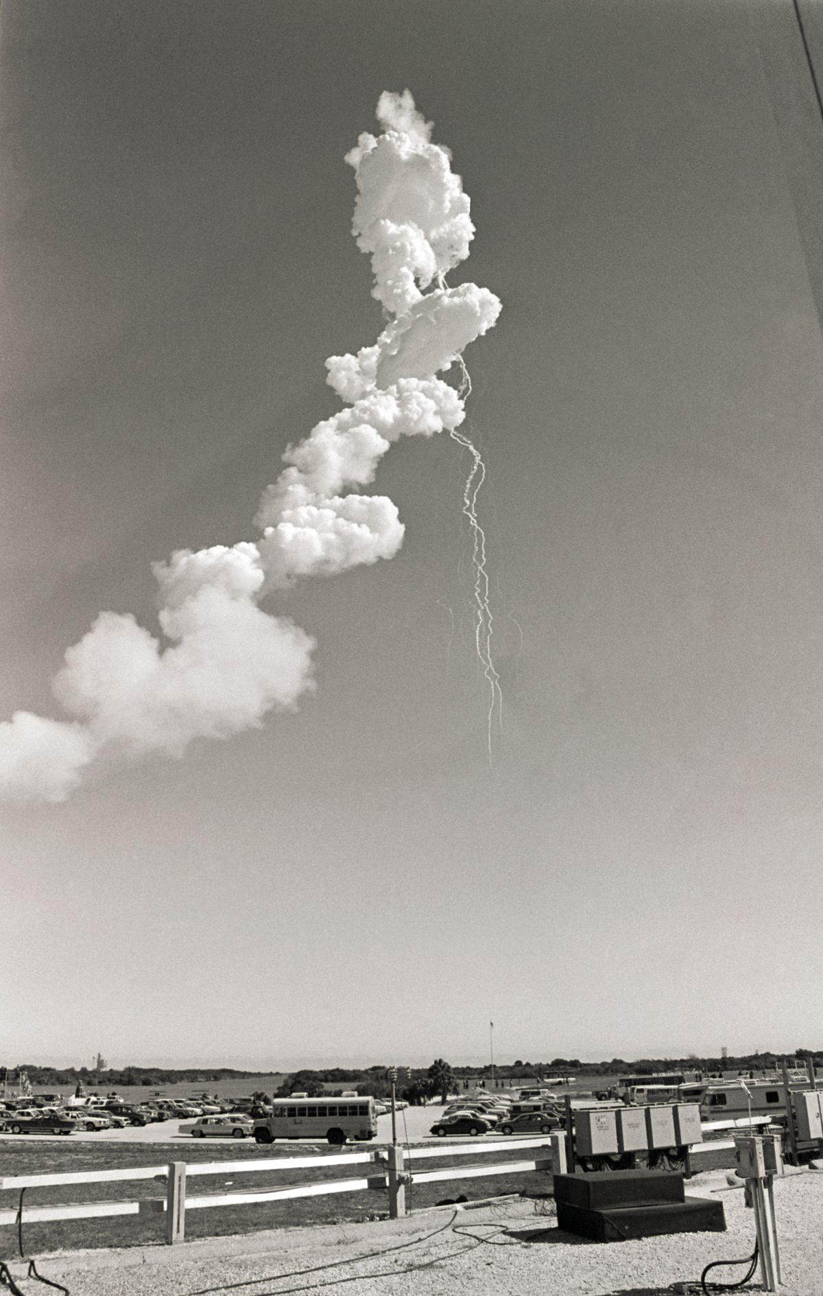 (Original Caption) 1/28/1986- Cape Canaveral, FL- The contrail of the Space Shuttle Challenger can be seen over the Kennedy Space Center after an apparent explosion of the orbiter.