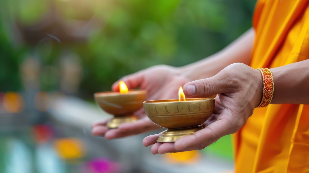Kezében gyertyákat tartó buddhista férfi a tízmilliószoros napon.