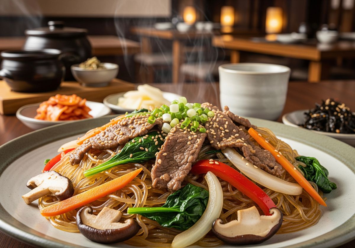 Korean Japchae Stir-Fried Glass Noodles with Beef and Vegetables