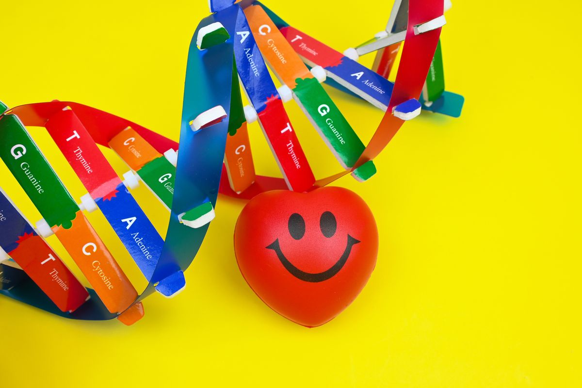 A képen egy mosolygó szivecske van, ami jelképezi azt a gént, ami miatt boldogabbak a nők, mint a férfiak.